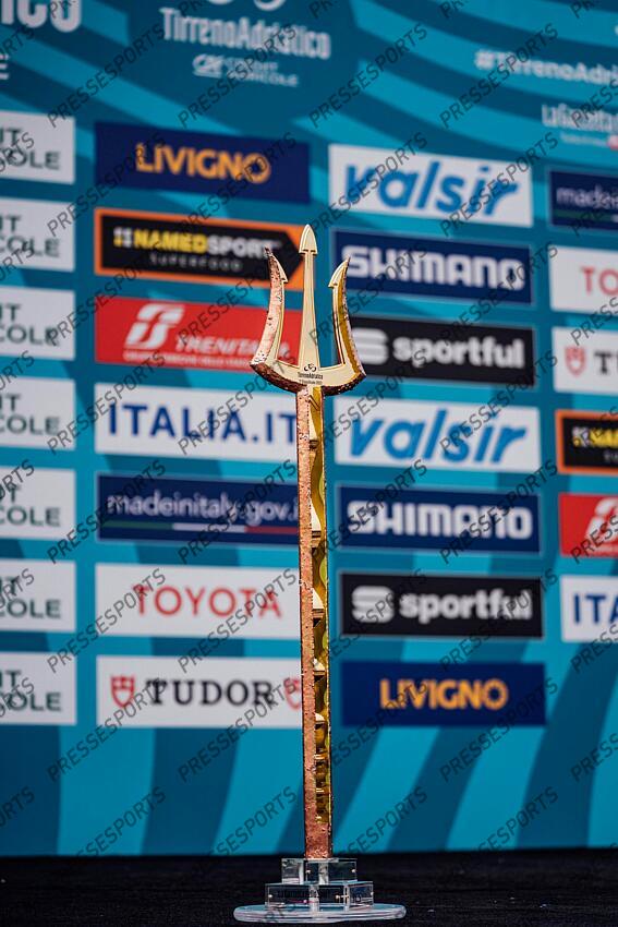 Picture by Zac Williams/SWpix.com- 12/03/2023 - Cycling - 2023 Tirreno Adriatico Stage 7 - San Benedetto Del Tronto, Italy - The Tirreno Adriatico Victor's Trident. - Winners Trophy - Trident of Poseidon, Neptunes Fork, Trofeo Maestro di Mare ETAPE 07 SAN BENEDETTO DEL TRONTO/SAN BENEDETTO DEL TRONTO 