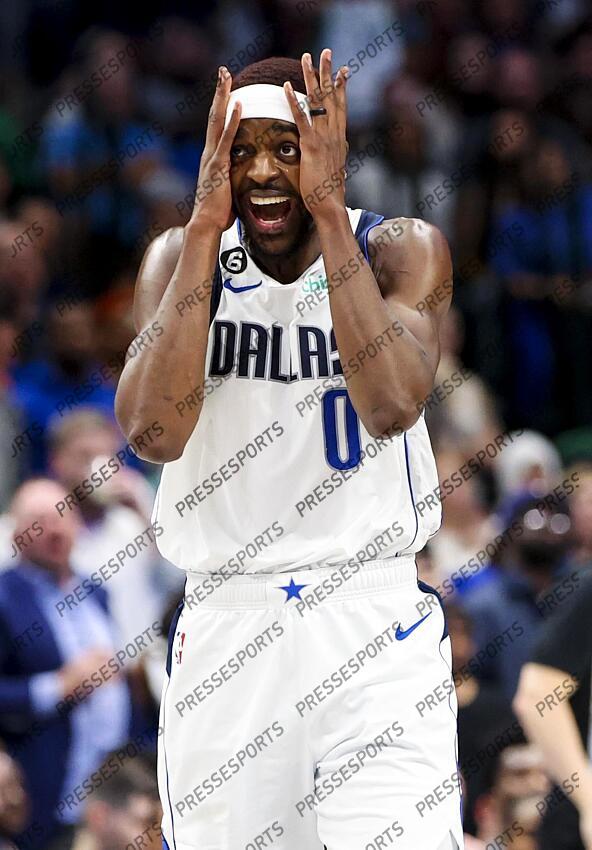 Mar 7, 2023; Dallas, Texas, USA; Dallas Mavericks forward Justin Holiday (0) reacts after being called for a foul during the second half against the Utah Jazz at American Airlines Center. Mandatory Credit: Kevin Jairaj-USA TODAY Sports NBA: Utah Jazz at Dallas Mavericks 