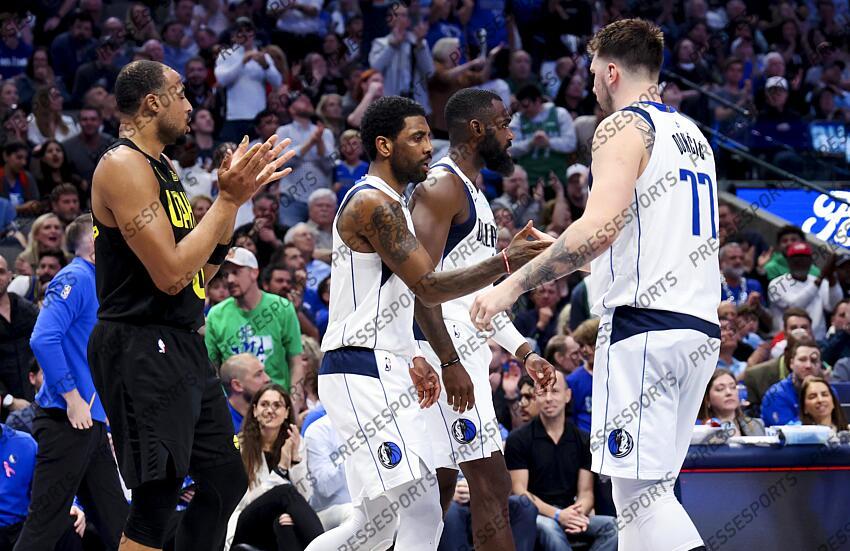 Mar 7, 2023; Dallas, Texas, USA; Dallas Mavericks guard Kyrie Irving (2) and Dallas Mavericks forward Tim Hardaway Jr. (11) and Dallas Mavericks guard Luka Doncic (77) react during the fourth quarter against the Utah Jazz at American Airlines Center. Mandatory Credit: Kevin Jairaj-USA TODAY Sports NBA: Utah Jazz at Dallas Mavericks 