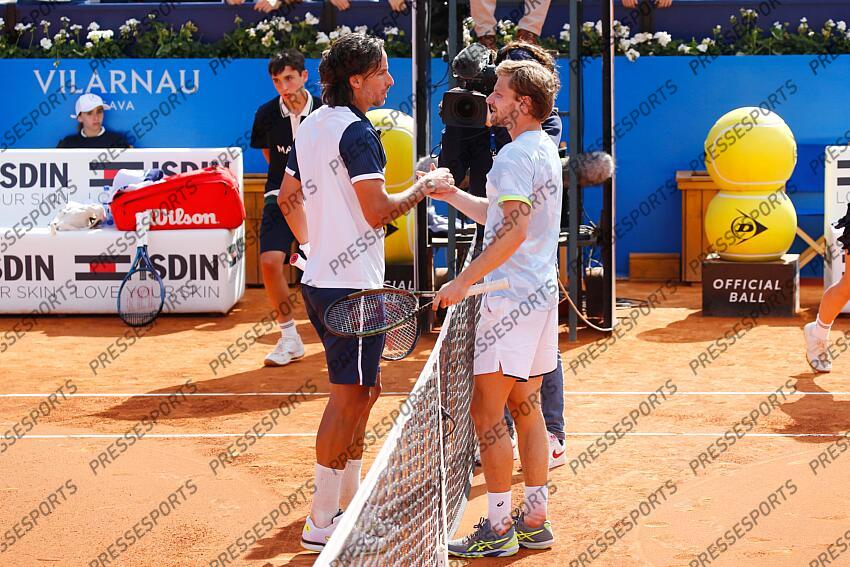 (L-R) Feliciano Lopez (ESP), David Goffin (BEL), APRIL18, 2023 - Tennis : Feliciano Lopez and David Goffin after singles 1st round match on the Barcelona Open Banc Sabadell tennis tournament at the Real Club de Tenis de Barcelona in Barcelona, Spain. (Photo by Mutsu Kawamori/AFLO) Tennis : Barcelona Open Banc Sabadell 2023 