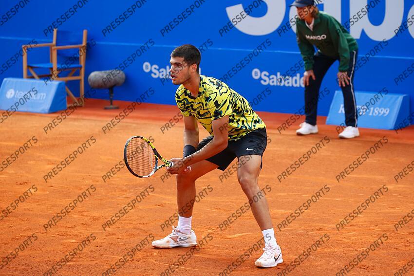 Carlos Alcaraz (ESP), APRIL18, 2023 - Tennis : Carlos Alcaraz during singles 2nd round match against Nuno Borges on the Barcelona Open Banc Sabadell tennis tournament at the Real Club de Tenis de Barcelona in Barcelona, Spain. (Photo by Mutsu Kawamori/AFLO) Tennis : Barcelona Open Banc Sabadell 2023 