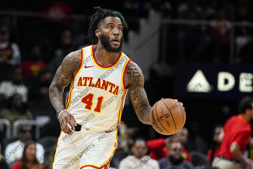 Oct 10, 2023; Atlanta, Georgia, USA; Atlanta Hawks forward Saddiq Bey (41) controls the ball against the Cleveland Cavaliers during the first half at State Farm Arena. Mandatory Credit: Dale Zanine-USA TODAY Sports NBA: Preseason-Cleveland Cavaliers at Atlanta Hawks 