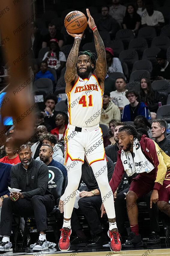Oct 10, 2023; Atlanta, Georgia, USA; Atlanta Hawks forward Saddiq Bey (41) shoots against the Cleveland Cavaliers during the first half at State Farm Arena. Mandatory Credit: Dale Zanine-USA TODAY Sports NBA: Preseason-Cleveland Cavaliers at Atlanta Hawks 