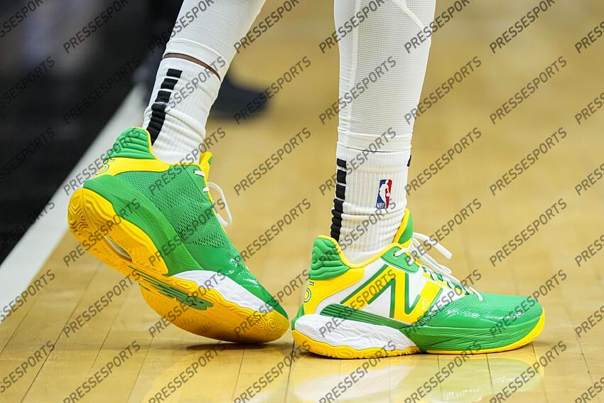 Oct 10, 2023; Atlanta, Georgia, USA; The shoes of Atlanta Hawks guard Dejounte Murray (5) on the court against the Cleveland Cavaliers during the first half at State Farm Arena. Mandatory Credit: Dale Zanine-USA TODAY Sports NBA: Preseason-Cleveland Cavaliers at Atlanta Hawks 