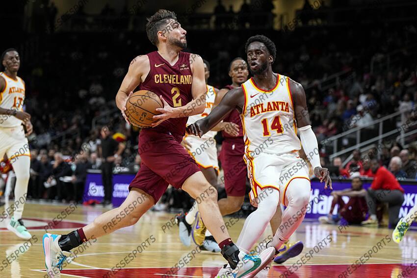 Oct 10, 2023; Atlanta, Georgia, USA; Cleveland Cavaliers guard Ty Jerome (2) drives to the basket against Atlanta Hawks forward AJ Griffin (14) during the second half at State Farm Arena. Mandatory Credit: Dale Zanine-USA TODAY Sports NBA: Preseason-Cleveland Cavaliers at Atlanta Hawks 