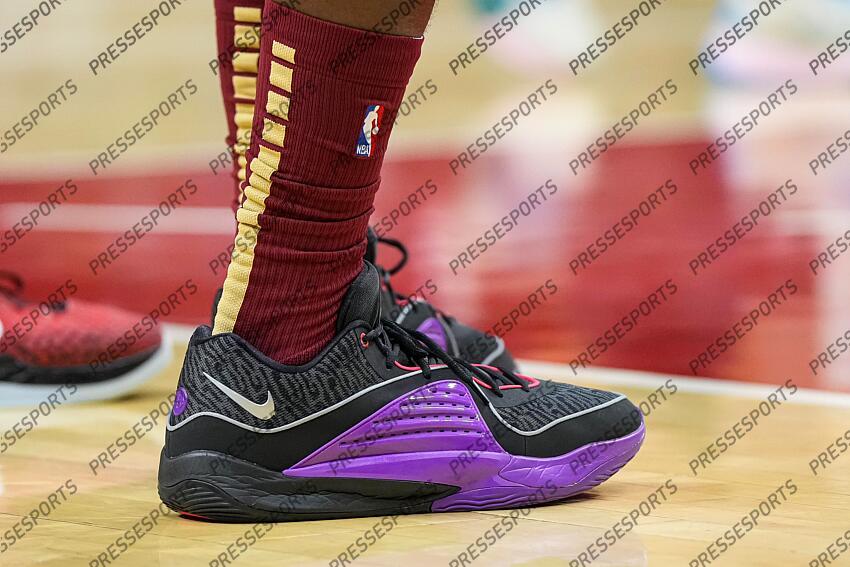Oct 10, 2023; Atlanta, Georgia, USA; The shoes of Cleveland Cavaliers center Damian Jones (30) on the court against the Atlanta Hawks during the second half at State Farm Arena. Mandatory Credit: Dale Zanine-USA TODAY Sports NBA: Preseason-Cleveland Cavaliers at Atlanta Hawks 