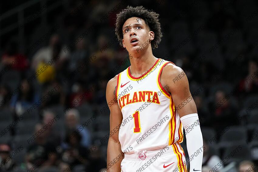 Oct 10, 2023; Atlanta, Georgia, USA; Atlanta Hawks forward Jalen Johnson (1) watches a shot against the Cleveland Cavaliers during the first half at State Farm Arena. Mandatory Credit: Dale Zanine-USA TODAY Sports NBA: Preseason-Cleveland Cavaliers at Atlanta Hawks 