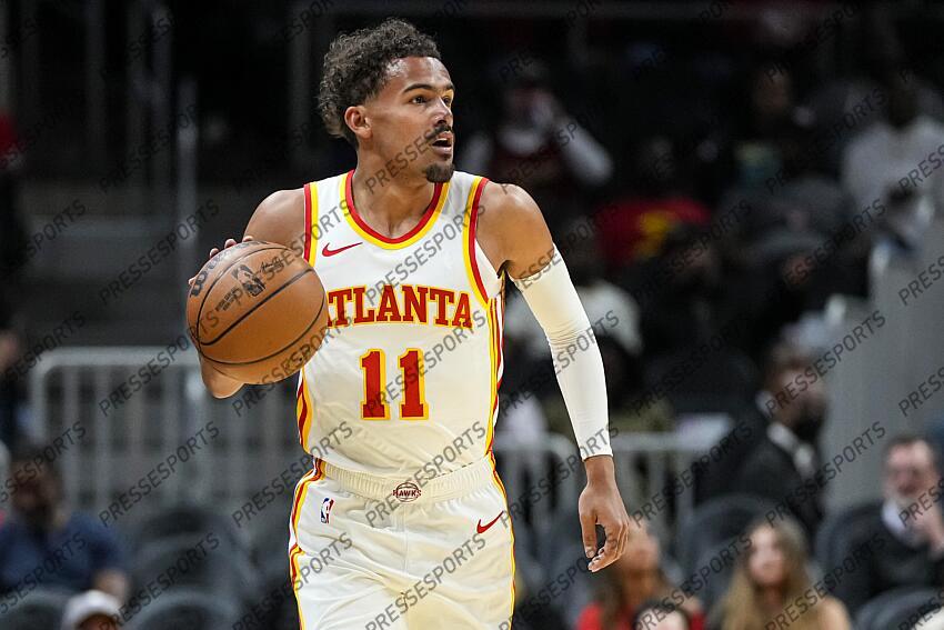 Oct 10, 2023; Atlanta, Georgia, USA; Atlanta Hawks guard Trae Young (11) brings the ball up the court against the Cleveland Cavaliers during the first half at State Farm Arena. Mandatory Credit: Dale Zanine-USA TODAY Sports NBA: Preseason-Cleveland Cavaliers at Atlanta Hawks 
