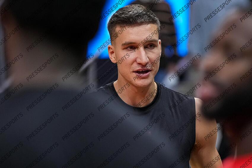 Oct 10, 2023; Atlanta, Georgia, USA; Atlanta Hawks guard Bogdan Bogdanovic (13) on the court prior to the game against the Cleveland Cavaliers at State Farm Arena. Mandatory Credit: Dale Zanine-USA TODAY Sports NBA: Preseason-Cleveland Cavaliers at Atlanta Hawks 