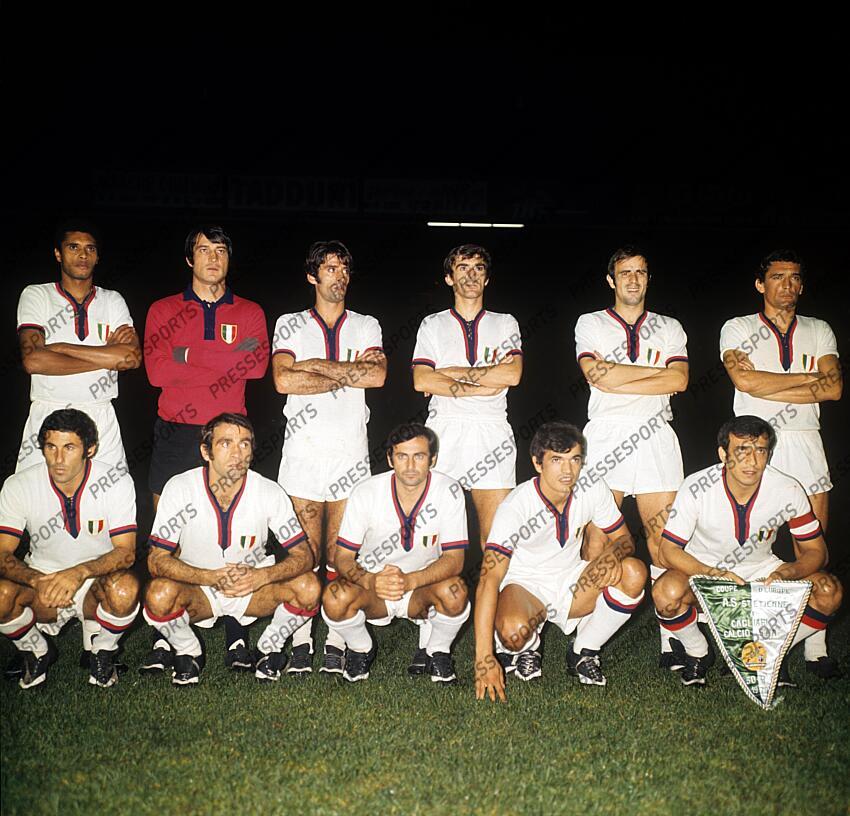 debout de g/d : nene - albertosi (enrico) - domenghini (angelo) - tomasini (guiseppe) - niccolai (comunardo) - riva (luigi) accroupis de g/d : greotti (ricciotti) - martiradonna (mario) - mancin (eraldo) - gori (sergio) - cera (pierluigi) CAGLIARI-ST ETIENNE (3-0) riva (luigi gigi) 