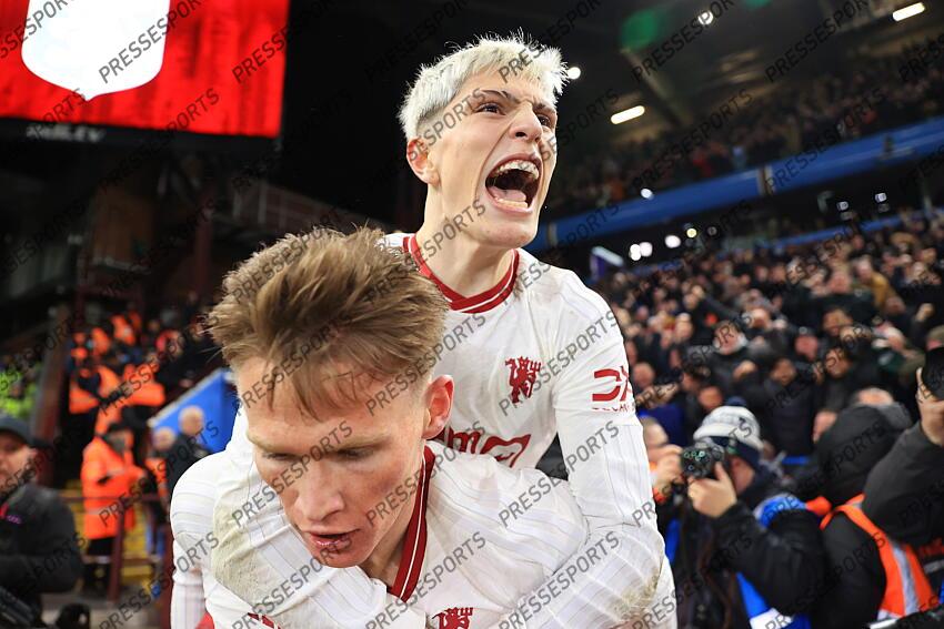 11th February 2024 - Premier League - Aston Villa v Manchester United - Scott McTominay of Manchester United celebrates with Alejandro Garnacho of Manchester United on his back after scoring their 2nd goal - Photo: Simon Stacpoole / Offside. ASTON VILLA-MANCHESTER UNITED (1-2) 