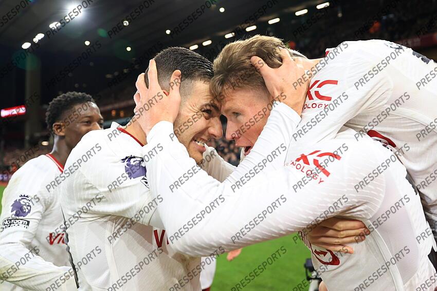 11th February 2024 - Premier League - Aston Villa v Manchester United - Scott McTominay of Manchester United (R) celebrates with Diogo Dalot of Manchester United after scoring their 2nd goal - Photo: Simon Stacpoole / Offside. ASTON VILLA-MANCHESTER UNITED (1-2) 