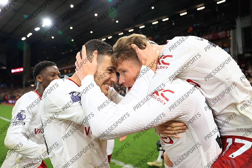 11th February 2024 - Premier League - Aston Villa v Manchester United - Scott McTominay of Manchester United (R) celebrates with Diogo Dalot of Manchester United after scoring their 2nd goal - Photo: Simon Stacpoole / Offside. ASTON VILLA-MANCHESTER UNITED (1-2) 