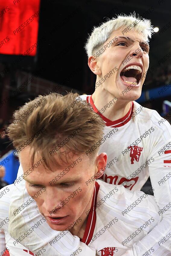 11th February 2024 - Premier League - Aston Villa v Manchester United - Scott McTominay of Manchester United celebrates with Alejandro Garnacho of Manchester United on his back after scoring their 2nd goal - Photo: Simon Stacpoole / Offside. ASTON VILLA-MANCHESTER UNITED (1-2) 