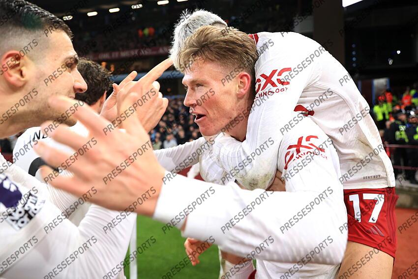 11th February 2024 - Premier League - Aston Villa v Manchester United - Scott McTominay of Manchester United celebrates with Diogo Dalot of Manchester United (L) after scoring their 2nd goal - Photo: Simon Stacpoole / Offside. ASTON VILLA-MANCHESTER UNITED (1-2) 