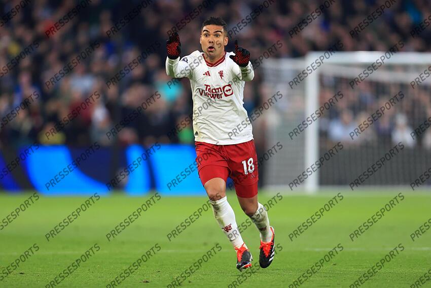 11th February 2024 - Premier League - Aston Villa v Manchester United - Casemiro of Manchester United appeals for a decision - Photo: Simon Stacpoole / Offside. ASTON VILLA-MANCHESTER UNITED (1-2) 