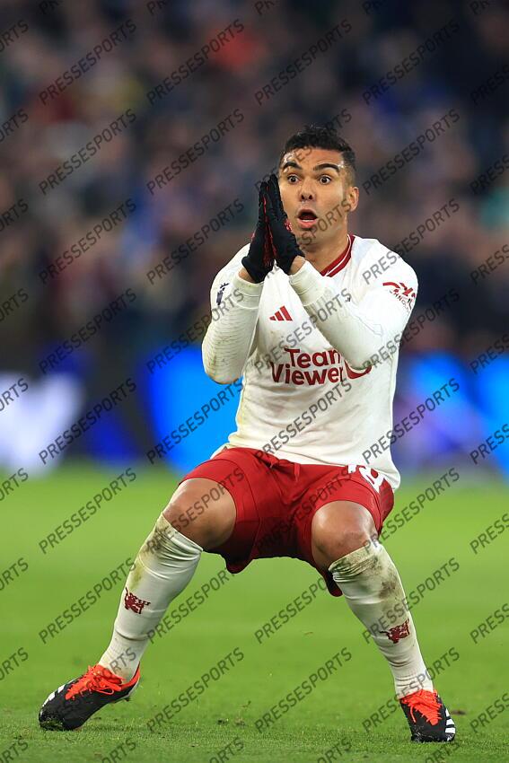 11th February 2024 - Premier League - Aston Villa v Manchester United - Casemiro of Manchester United prays for a decision - Photo: Simon Stacpoole / Offside. ASTON VILLA-MANCHESTER UNITED (1-2) 
