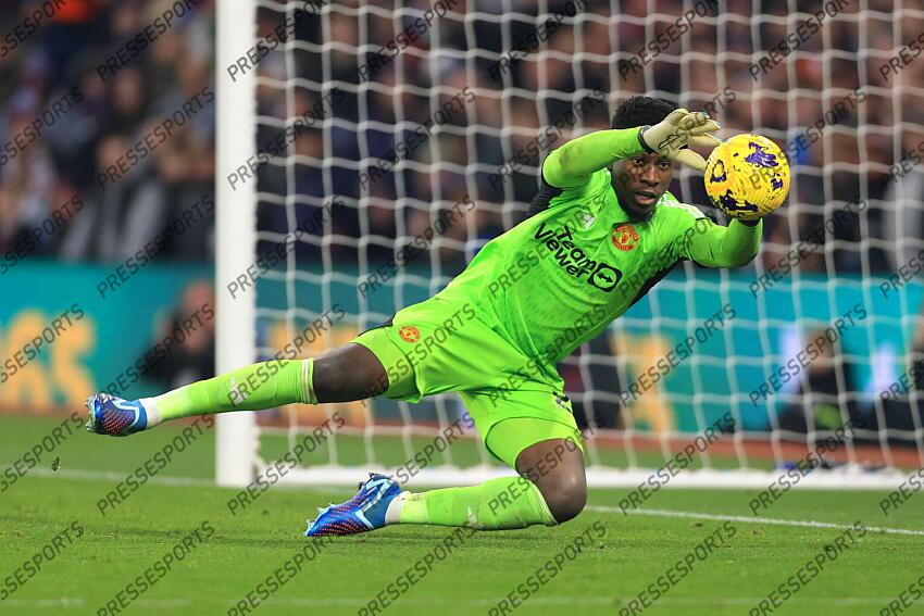 11th February 2024 - Premier League - Aston Villa v Manchester United - Manchester United goalkeeper Andre Onana dives to make a save - Photo: Simon Stacpoole / Offside. ASTON VILLA-MANCHESTER UNITED (1-2) 