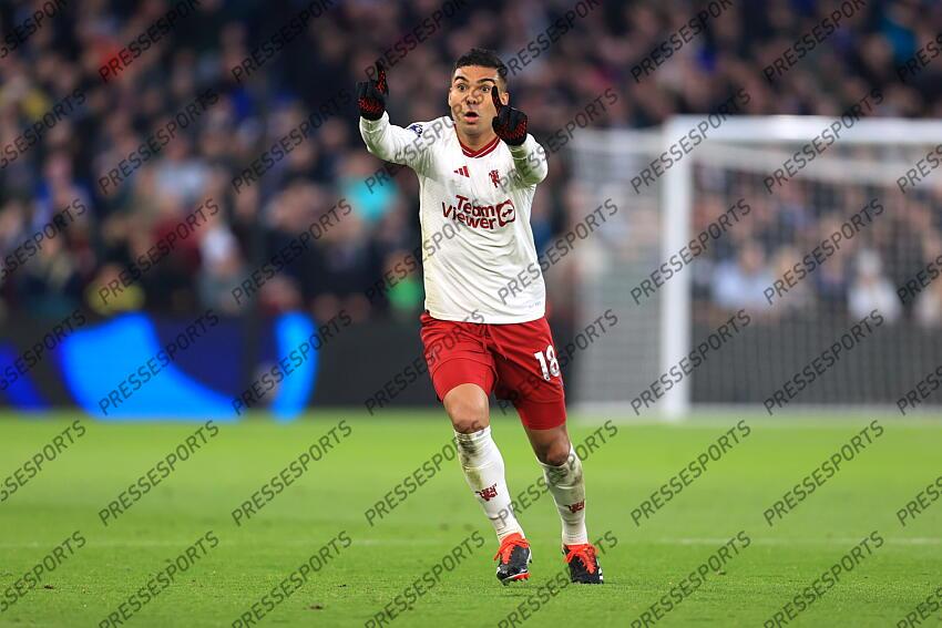 11th February 2024 - Premier League - Aston Villa v Manchester United - Casemiro of Manchester United protests a decision - Photo: Simon Stacpoole / Offside. ASTON VILLA-MANCHESTER UNITED (1-2) 