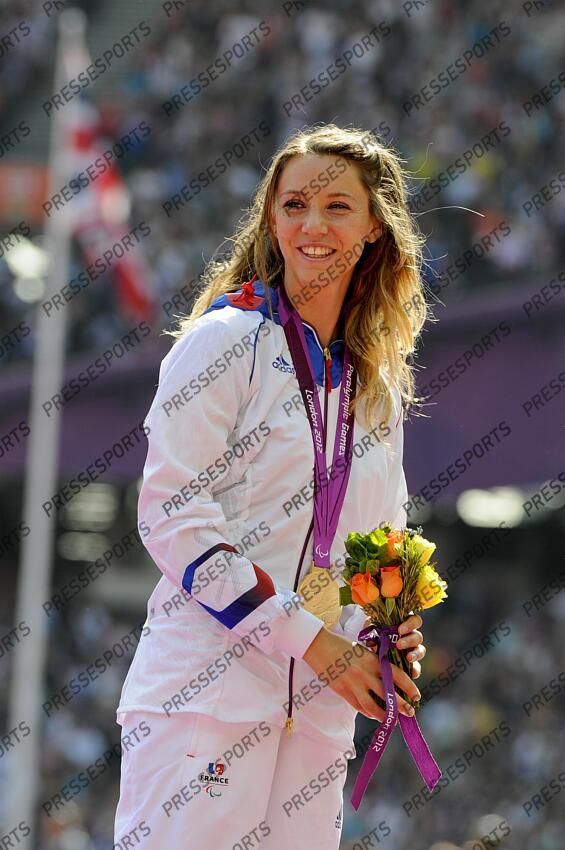 L'athlète française Marie-Amélie Le Fur, championne paralympique, médaillée d'or sur le 100m catégorie T44 en 13”26. JO PARALYMPIQUES LONDRES 