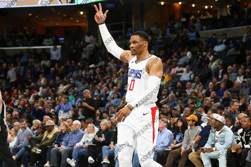 Feb 23, 2024; Memphis, Tennessee, USA; Los Angeles Clippers guard Russell Westbrook (0) reacts after a team basket during the second half against the Memphis Grizzlies at FedExForum. Mandatory Credit: Petre Thomas-USA TODAY Sports NBA: Los Angeles Clippers at Memphis Grizzlies 