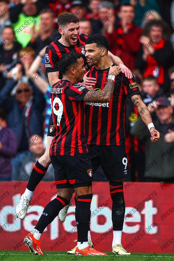 13 April 2024, Bournemouth - Premier League Football - AFC Bournemouth v Manchester United - Dominic Solanke of Bournemouth celebrates scoring their 1st goal - Photo: Charlotte Wilson / Offside. BOURNEMOUTH-MANCHESTER UNITED (2-2) 