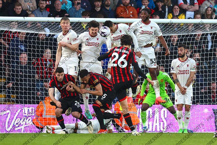 13 April 2024, Bournemouth - Premier League Football - AFC Bournemouth v Manchester United - Rasmus Hojlund, Harry Maguire, Casemiro and Willy Kambwala of Manchester United make up the United defensive wall as Enes Unal of Bournemouth takes a free-kick - Photo: Charlotte Wilson / Offside. BOURNEMOUTH-MANCHESTER UNITED (2-2) 