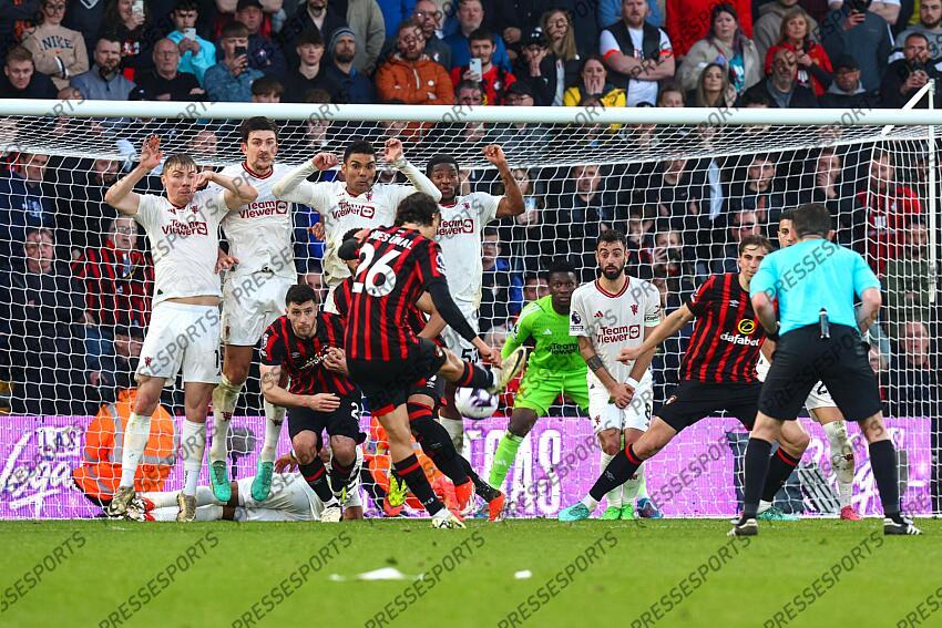 13 April 2024, Bournemouth - Premier League Football - AFC Bournemouth v Manchester United - Rasmus Hojlund, Harry Maguire, Casemiro and Willy Kambwala of Manchester United make up the United defensive wall as Enes Unal of Bournemouth takes a free-kick - Photo: Charlotte Wilson / Offside. BOURNEMOUTH-MANCHESTER UNITED (2-2) 