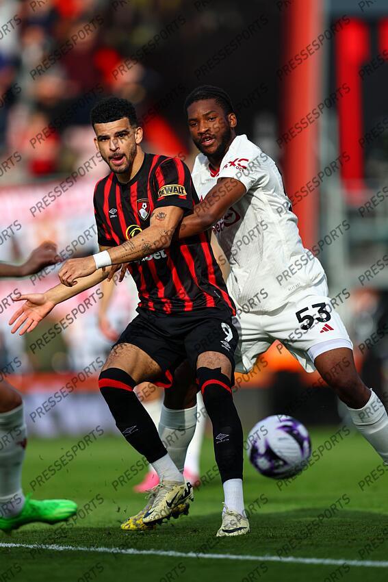 13 April 2024, Bournemouth - Premier League Football - AFC Bournemouth v Manchester United - Dominic Solanke of Bournemouth and Willy Kambwala of Manchester United - Photo: Charlotte Wilson / Offside. BOURNEMOUTH-MANCHESTER UNITED (2-2) 