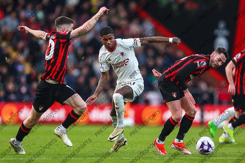 13 April 2024, Bournemouth - Premier League Football - AFC Bournemouth v Manchester United - Marcus Rashford of Manchester United and Adam Smith of Bournemouth - Photo: Charlotte Wilson / Offside. BOURNEMOUTH-MANCHESTER UNITED (2-2) 