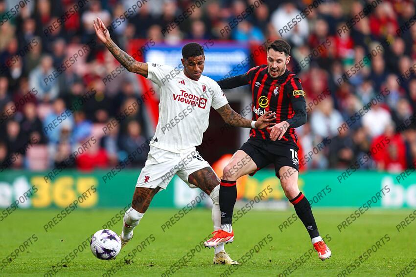 13 April 2024, Bournemouth - Premier League Football - AFC Bournemouth v Manchester United - Marcus Rashford of Manchester United and Adam Smith of Bournemouth - Photo: Charlotte Wilson / Offside. BOURNEMOUTH-MANCHESTER UNITED (2-2) 
