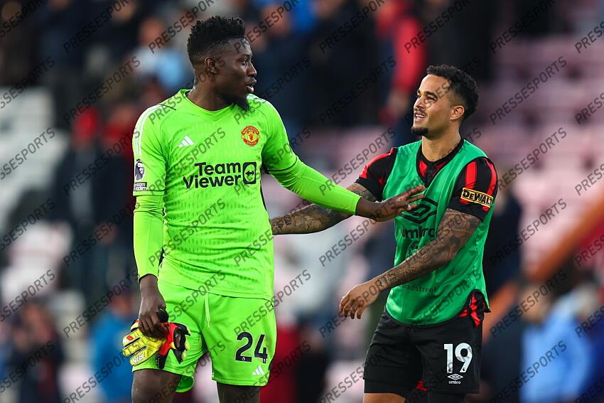 13 April 2024, Bournemouth - Premier League Football - AFC Bournemouth v Manchester United - Manchester United goalkeeper Andre Onana and Justin Kluivert of Bournemouth - Photo: Charlotte Wilson / Offside. BOURNEMOUTH-MANCHESTER UNITED (2-2) 