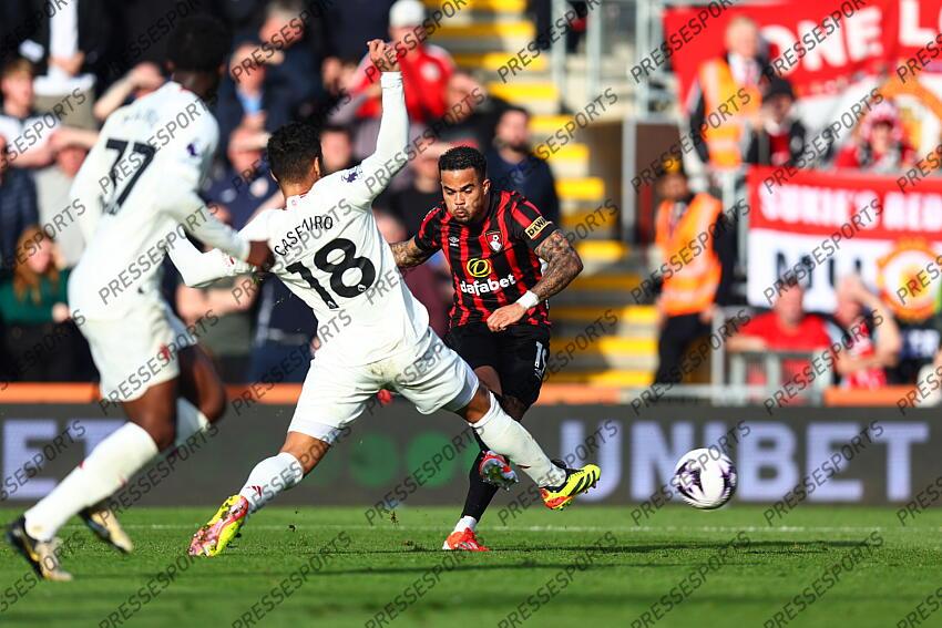 13 April 2024, Bournemouth - Premier League Football - AFC Bournemouth v Manchester United - Justin Kluivert of Bournemouth scores their 2nd goal - Photo: Charlotte Wilson / Offside. BOURNEMOUTH-MANCHESTER UNITED (2-2) 