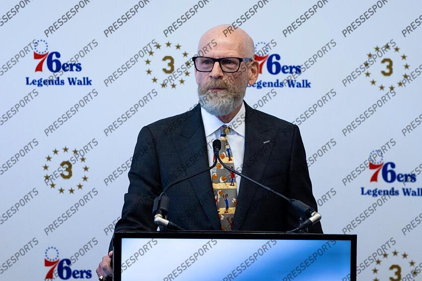 Apr 12, 2024; Camden, NJ, USA; Philadelphia 76ers former announcer Marc Zumoff poses for a photo at Penn Medicine Philadelphia 76ers Training Complex. Mandatory Credit: Bill Streicher-USA TODAY Sports NBA: Philadelphia 76ers-Iverson Statue Ceremony 
