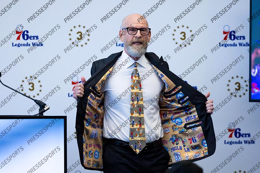 Apr 12, 2024; Camden, NJ, USA; Philadelphia 76ers former announcer Marc Zumoff poses for a photo at Penn Medicine Philadelphia 76ers Training Complex. Mandatory Credit: Bill Streicher-USA TODAY Sports NBA: Philadelphia 76ers-Iverson Statue Ceremony 