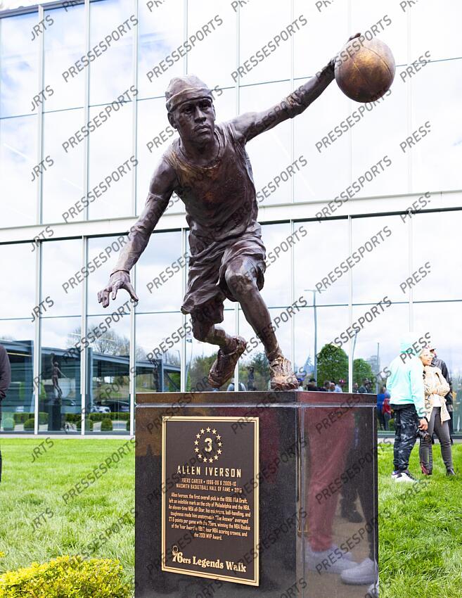 Apr 12, 2024; Camden, NJ, USA; The statue honoring Philadelphia 76ers great Allen Iverson outside Penn Medicine Philadelphia 76ers Training Complex. Mandatory Credit: Bill Streicher-USA TODAY Sports NBA: Philadelphia 76ers-Iverson Statue Ceremony 