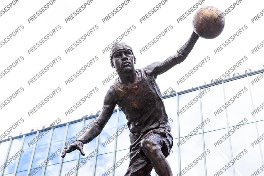 Apr 12, 2024; Camden, NJ, USA; The statue honoring Philadelphia 76ers great Allen Iverson outside Penn Medicine Philadelphia 76ers Training Complex. Mandatory Credit: Bill Streicher-USA TODAY Sports NBA: Philadelphia 76ers-Iverson Statue Ceremony 