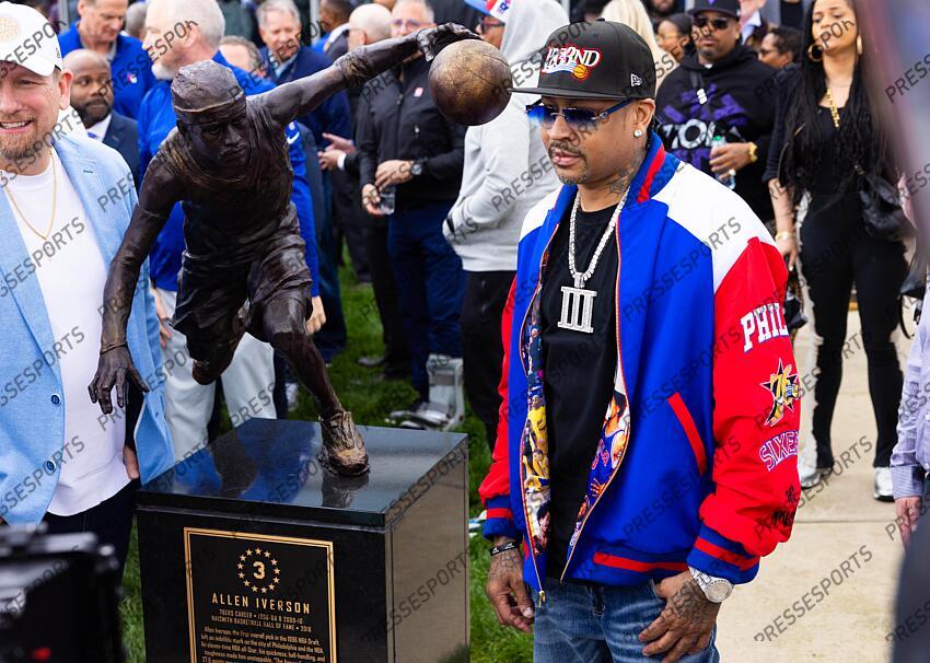 Apr 12, 2024; Camden, NJ, USA; Philadelphia 76ers great Allen Iverson during the unveiling of the statue honoring him in a ceremony at the Philadelphia 76ers Training Complex. Mandatory Credit: Bill Streicher-USA TODAY Sports NBA: Philadelphia 76ers-Iverson Statue Ceremony 