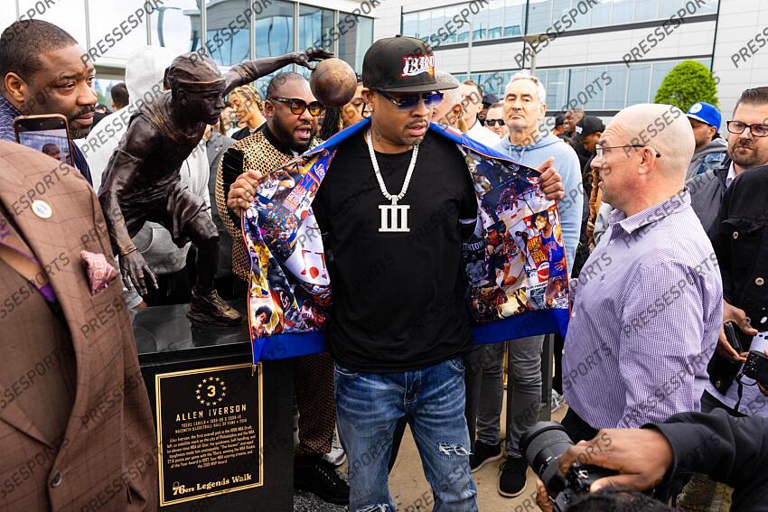 Apr 12, 2024; Camden, NJ, USA; Philadelphia 76ers great Allen Iverson during the unveiling of the statue honoring him in a ceremony at the Philadelphia 76ers Training Complex. Mandatory Credit: Bill Streicher-USA TODAY Sports NBA: Philadelphia 76ers-Iverson Statue Ceremony 