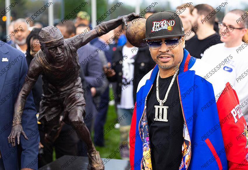 Apr 12, 2024; Camden, NJ, USA; Philadelphia 76ers great Allen Iverson during the unveiling of the statue honoring him in a ceremony at the Philadelphia 76ers Training Complex. Mandatory Credit: Bill Streicher-USA TODAY Sports NBA: Philadelphia 76ers-Iverson Statue Ceremony 