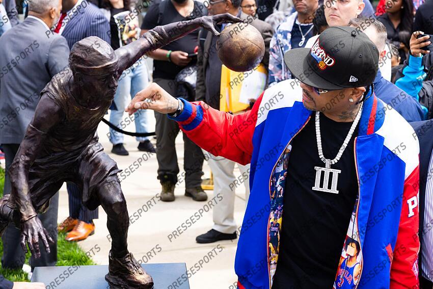 Apr 12, 2024; Camden, NJ, USA; Philadelphia 76ers great Allen Iverson during the unveiling of the statue honoring him in a ceremony at the Philadelphia 76ers Training Complex. Mandatory Credit: Bill Streicher-USA TODAY Sports NBA: Philadelphia 76ers-Iverson Statue Ceremony 