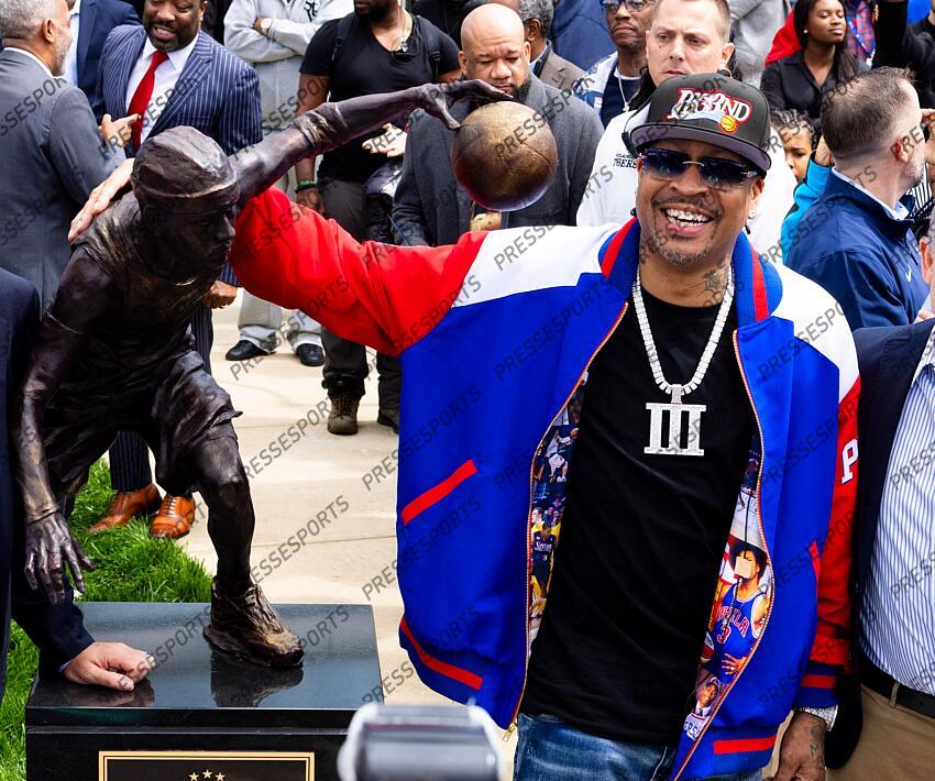 Apr 12, 2024; Camden, NJ, USA; Philadelphia 76ers great Allen Iverson during the unveiling of the statue honoring him in a ceremony at the Philadelphia 76ers Training Complex. Mandatory Credit: Bill Streicher-USA TODAY Sports NBA: Philadelphia 76ers-Iverson Statue Ceremony 