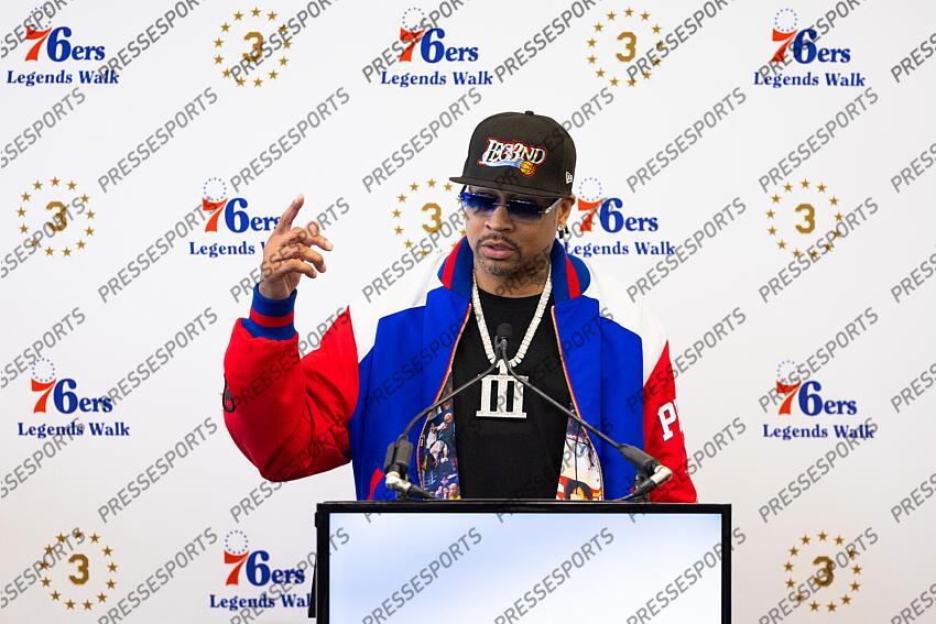 Apr 12, 2024; Camden, NJ, USA; Philadelphia 76ers great Allen Iverson speaks at the podium during the unveiling of a statue honoring him in a ceremony at Penn Medicine Philadelphia 76ers Training Complex. Mandatory Credit: Bill Streicher-USA TODAY Sports NBA: Philadelphia 76ers-Iverson Statue Ceremony 