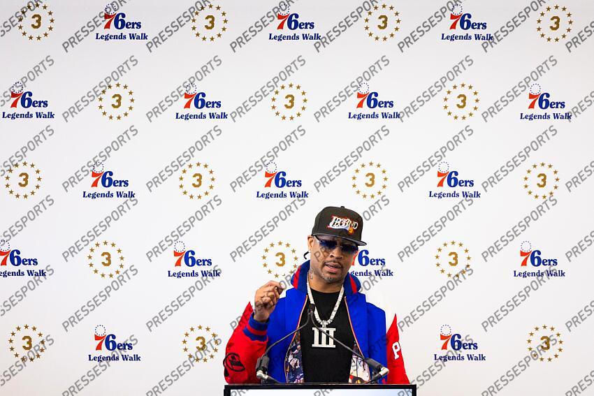 Apr 12, 2024; Camden, NJ, USA; Philadelphia 76ers great Allen Iverson speaks at the podium during the unveiling of a statue honoring him in a ceremony at Penn Medicine Philadelphia 76ers Training Complex. Mandatory Credit: Bill Streicher-USA TODAY Sports NBA: Philadelphia 76ers-Iverson Statue Ceremony 