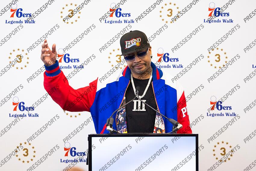 Apr 12, 2024; Camden, NJ, USA; Philadelphia 76ers great Allen Iverson speaks at the podium during the unveiling of a statue honoring him in a ceremony at Penn Medicine Philadelphia 76ers Training Complex. Mandatory Credit: Bill Streicher-USA TODAY Sports NBA: Philadelphia 76ers-Iverson Statue Ceremony 