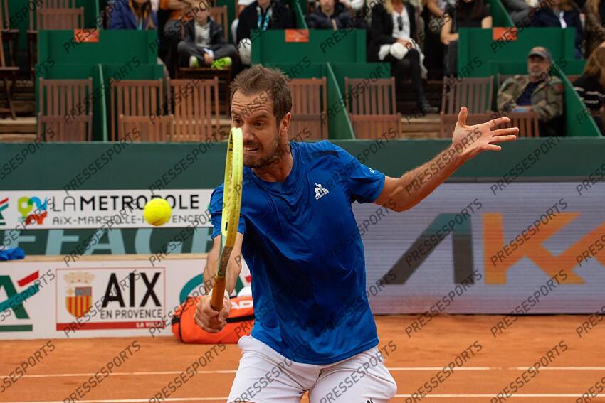 30/04/2024 - Tennis - Richard Gasquet (France) remporte son 16e de finale de l'Open Pays d'Aix, à Aix-en-Provence (France), comptant pour un Challenger 175, face à son compatriote Harold Mayot (France). OPEN PAYS D'AIX 