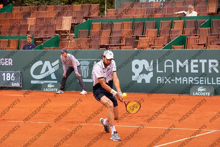 30/04/2024 - Tennis - Valentin Vacherot (Monaco) valide sa qualification dans le tableau final de l'Open Pays d'Aix, à Aix-en-Provence (France), en battant le Serbe Hamad Medjedovic lors du Challenger 175 ATP. OPEN PAYS D'AIX 