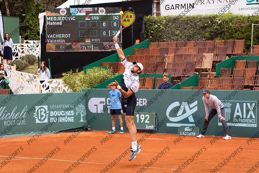 30/04/2024 - Tennis - Valentin Vacherot (Monaco) valide sa qualification dans le tableau final de l'Open Pays d'Aix, à Aix-en-Provence (France), en battant le Serbe Hamad Medjedovic lors du Challenger 175 ATP. OPEN PAYS D'AIX 