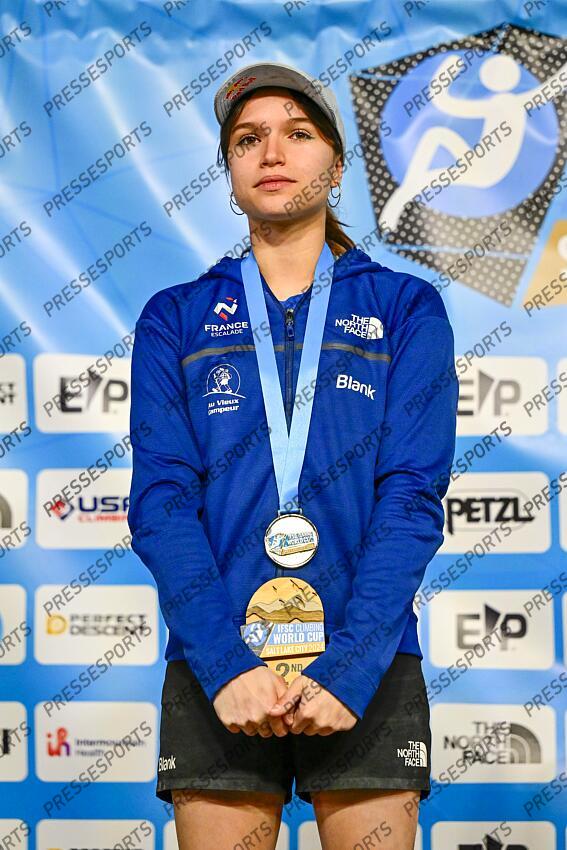 May 5, 2024; Salt Lake City, UTAH, USA; Oriane Bertone of France takes silver in the IFSC World Cup women's boulder final at the USA Climbing National Training Center. Mandatory Credit: Christopher Creveling-USA TODAY Sports Climbing: IFSC Climbing World Cup 