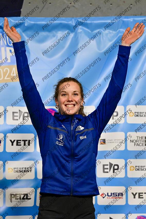 May 5, 2024; Salt Lake City, UTAH, USA; Naïle Meignan of France takes bronze in the IFSC World Cup women's boulder final at the USA Climbing National Training Center. Mandatory Credit: Christopher Creveling-USA TODAY Sports Climbing: IFSC Climbing World Cup 